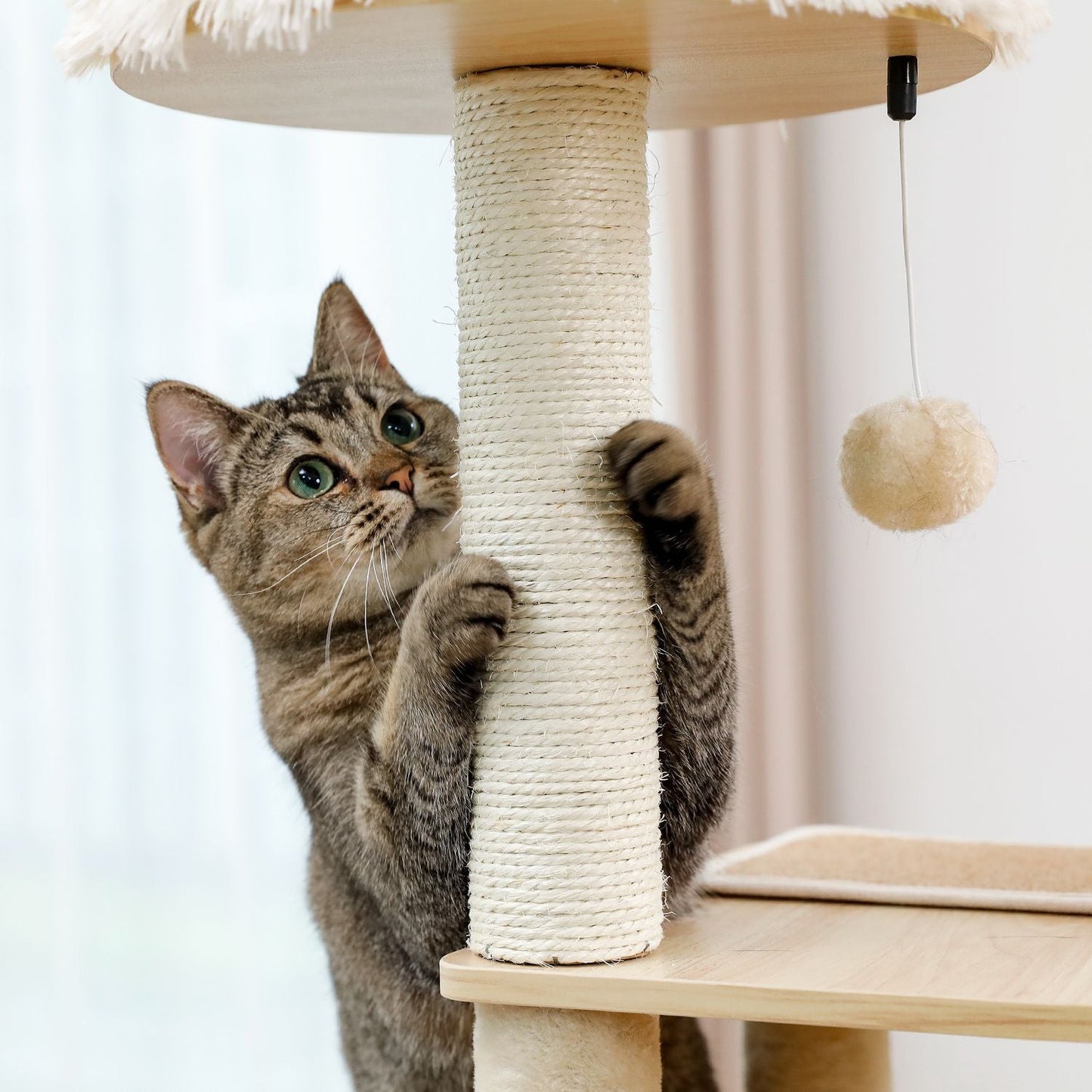 (Do Not Sell on Amazon) Modern Luxury Cat Tree Wooden Multi-Level Cat Tower Cat Sky Castle With 2 Cozy Condos; Cozy Perch; Spacious Hammock And Interactive Dangling Ball