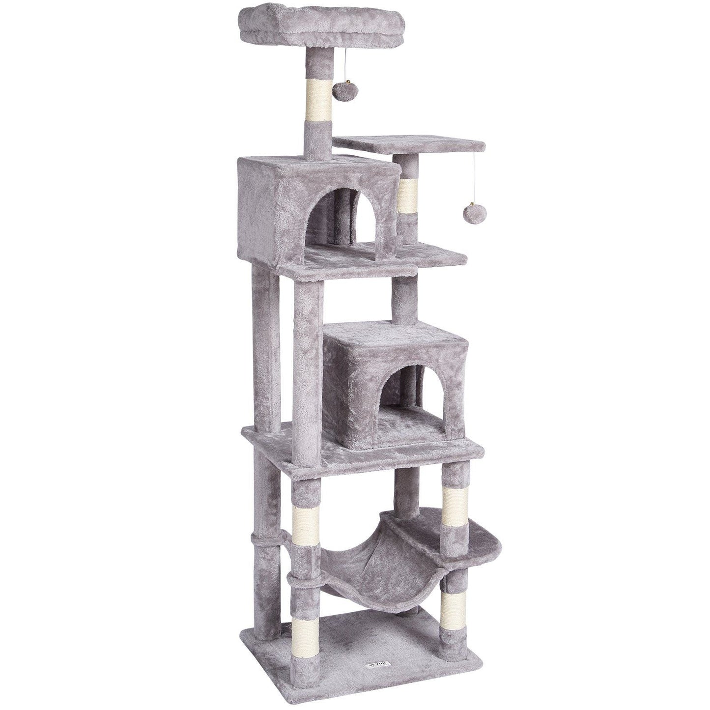 VEVOR Cat Tree 63" Cat Tower with 2 Cat Condos Sisal Scratching Post Light Grey