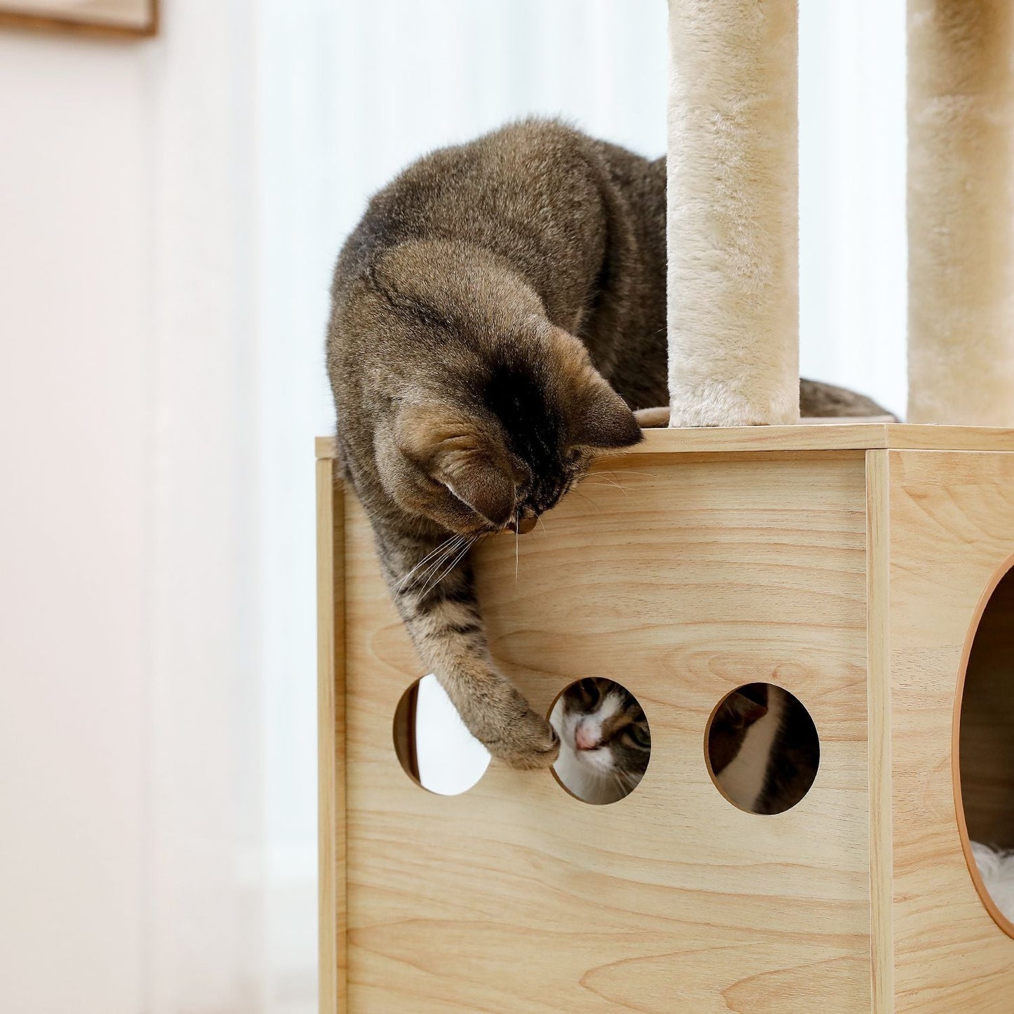 (Do Not Sell on Amazon) Modern Luxury Cat Tree Wooden Multi-Level Cat Tower Cat Sky Castle With 2 Cozy Condos;  Cozy Perch;  Spacious Hammock And Interactive Dangling Ball
