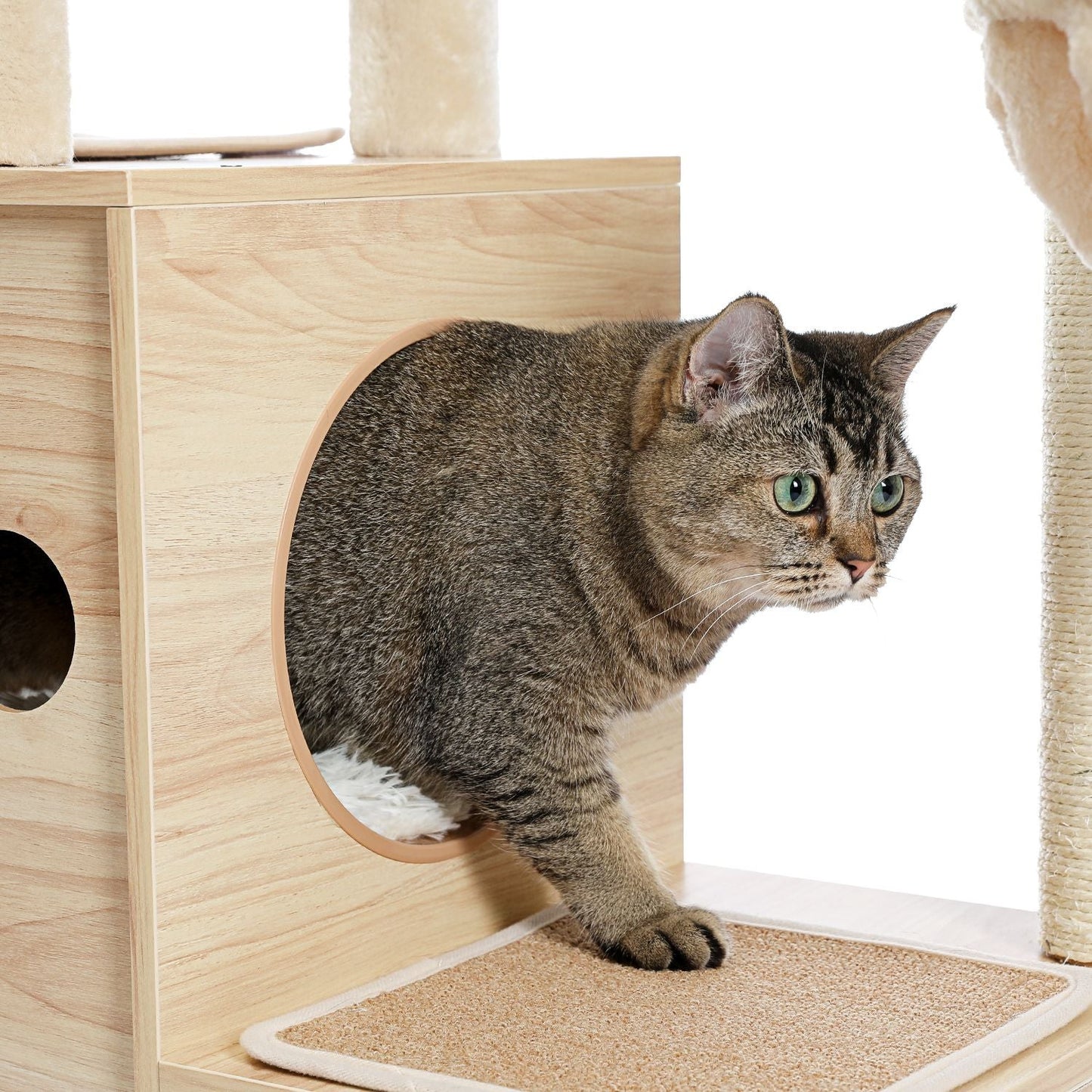 (Do Not Sell on Amazon) Modern Luxury Cat Tree Wooden Multi-Level Cat Tower Cat Sky Castle With 2 Cozy Condos;  Cozy Perch;  Spacious Hammock And Interactive Dangling Ball