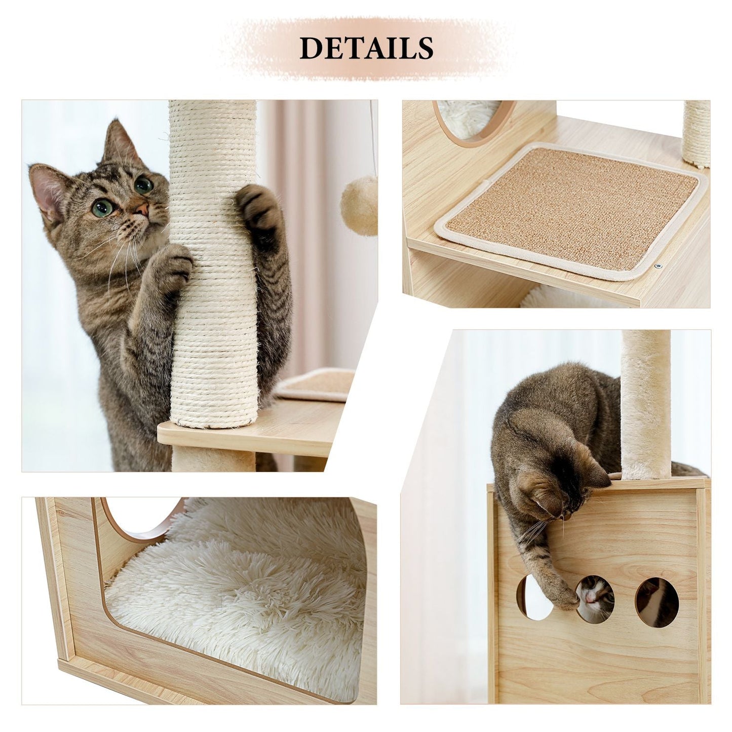 (Do Not Sell on Amazon) Modern Luxury Cat Tree Wooden Multi-Level Cat Tower Cat Sky Castle With 2 Cozy Condos;  Cozy Perch;  Spacious Hammock And Interactive Dangling Ball