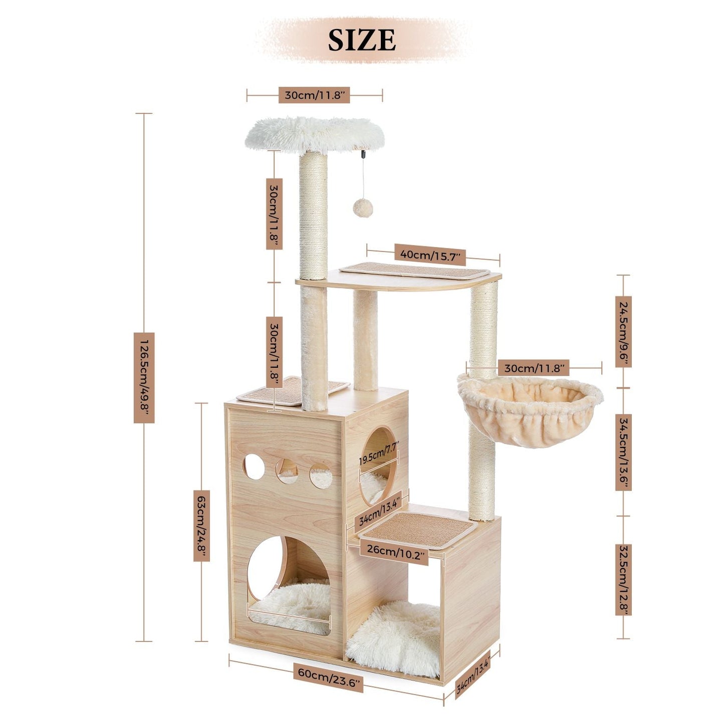 (Do Not Sell on Amazon) Modern Luxury Cat Tree Wooden Multi-Level Cat Tower Cat Sky Castle With 2 Cozy Condos;  Cozy Perch;  Spacious Hammock And Interactive Dangling Ball