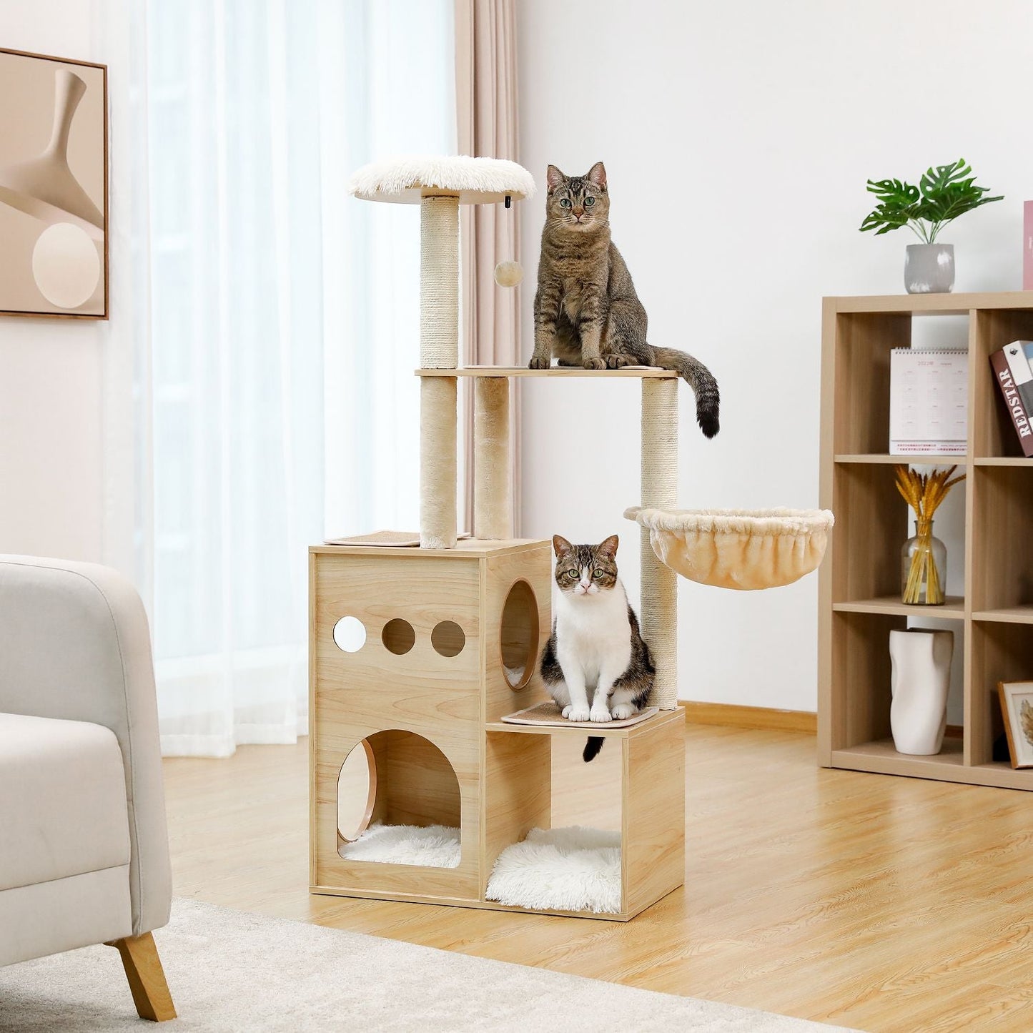 (Do Not Sell on Amazon) Modern Luxury Cat Tree Wooden Multi-Level Cat Tower Cat Sky Castle With 2 Cozy Condos;  Cozy Perch;  Spacious Hammock And Interactive Dangling Ball