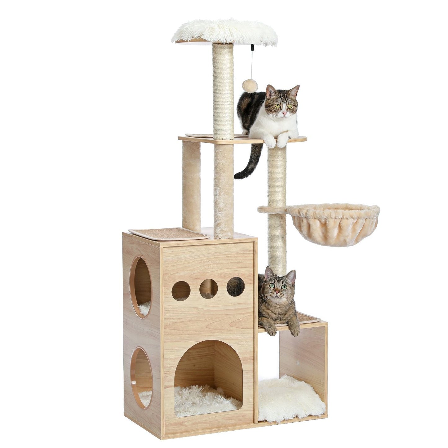 (Do Not Sell on Amazon) Modern Luxury Cat Tree Wooden Multi-Level Cat Tower Cat Sky Castle With 2 Cozy Condos;  Cozy Perch;  Spacious Hammock And Interactive Dangling Ball