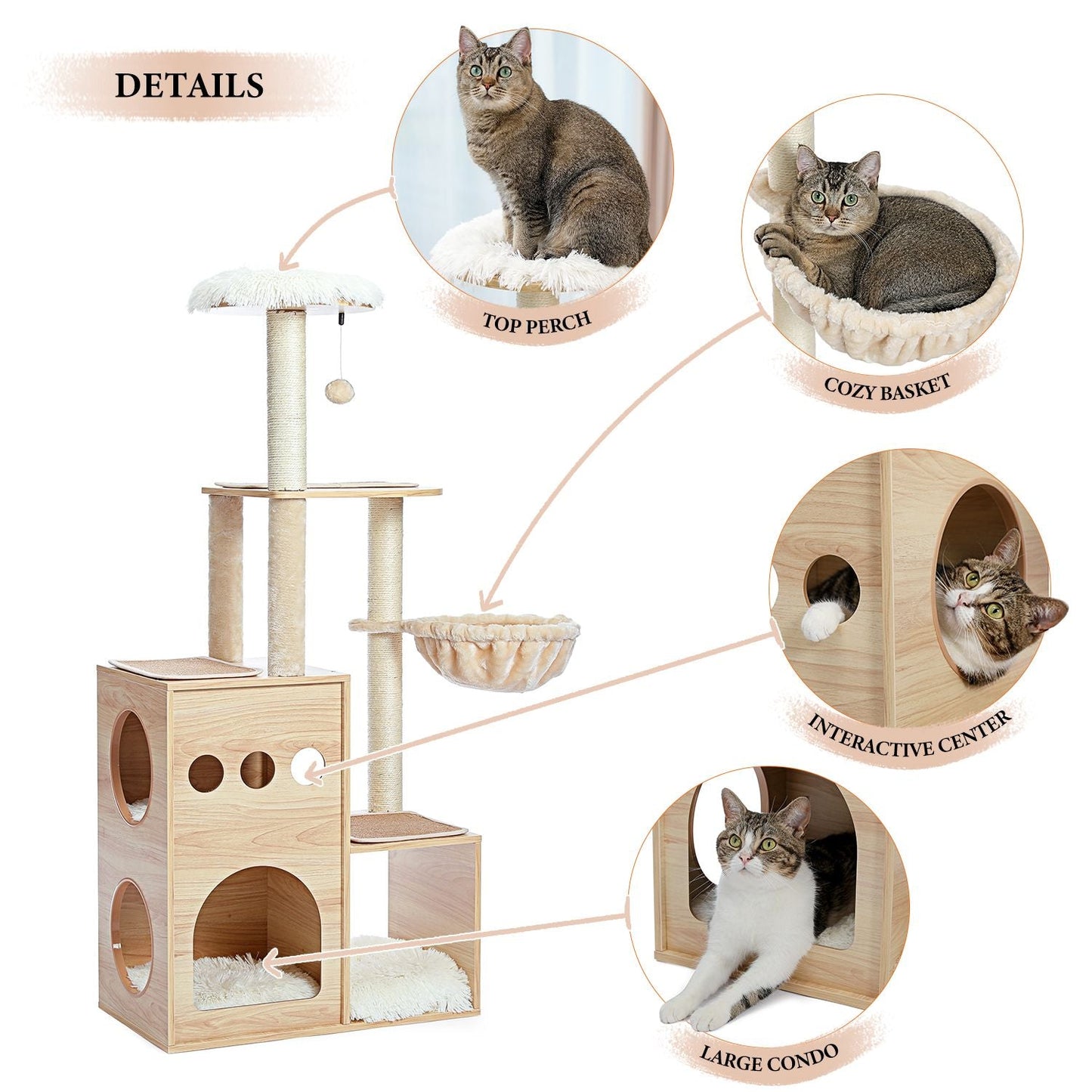 (Do Not Sell on Amazon) Modern Luxury Cat Tree Wooden Multi-Level Cat Tower Cat Sky Castle With 2 Cozy Condos;  Cozy Perch;  Spacious Hammock And Interactive Dangling Ball
