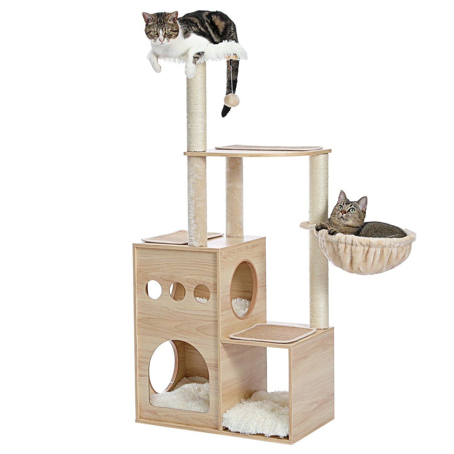(Do Not Sell on Amazon) Modern Luxury Cat Tree Wooden Multi-Level Cat Tower Cat Sky Castle With 2 Cozy Condos;  Cozy Perch;  Spacious Hammock And Interactive Dangling Ball