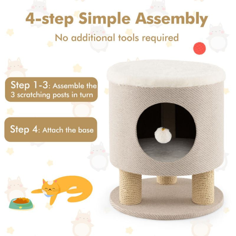 Cat Stool Bed with Scratching Posts and Plush Ball Toy