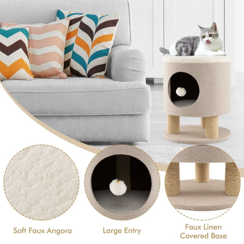 Cat Stool Bed with Scratching Posts and Plush Ball Toy