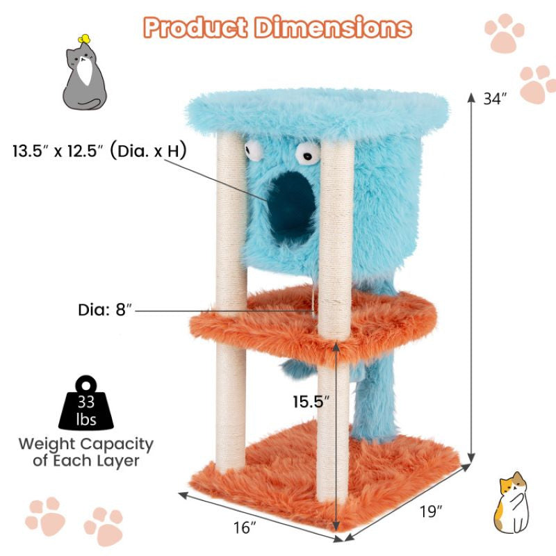 Cartoon Shape Themed Cat Tower with Soft Long Plush Decor