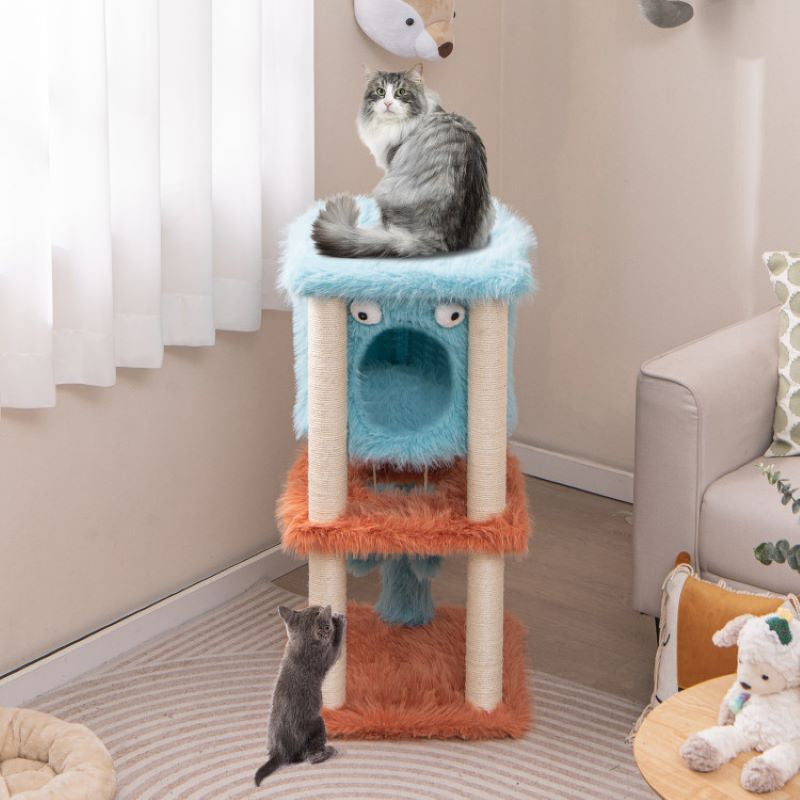 Cartoon Shape Themed Cat Tower with Soft Long Plush Decor