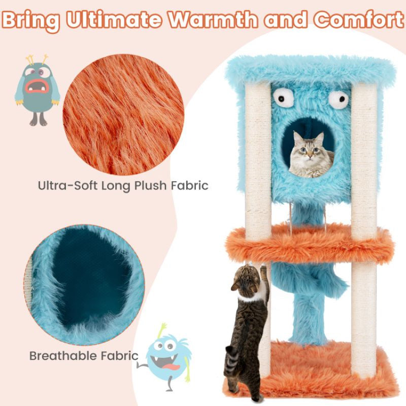 Cartoon Shape Themed Cat Tower with Soft Long Plush Decor