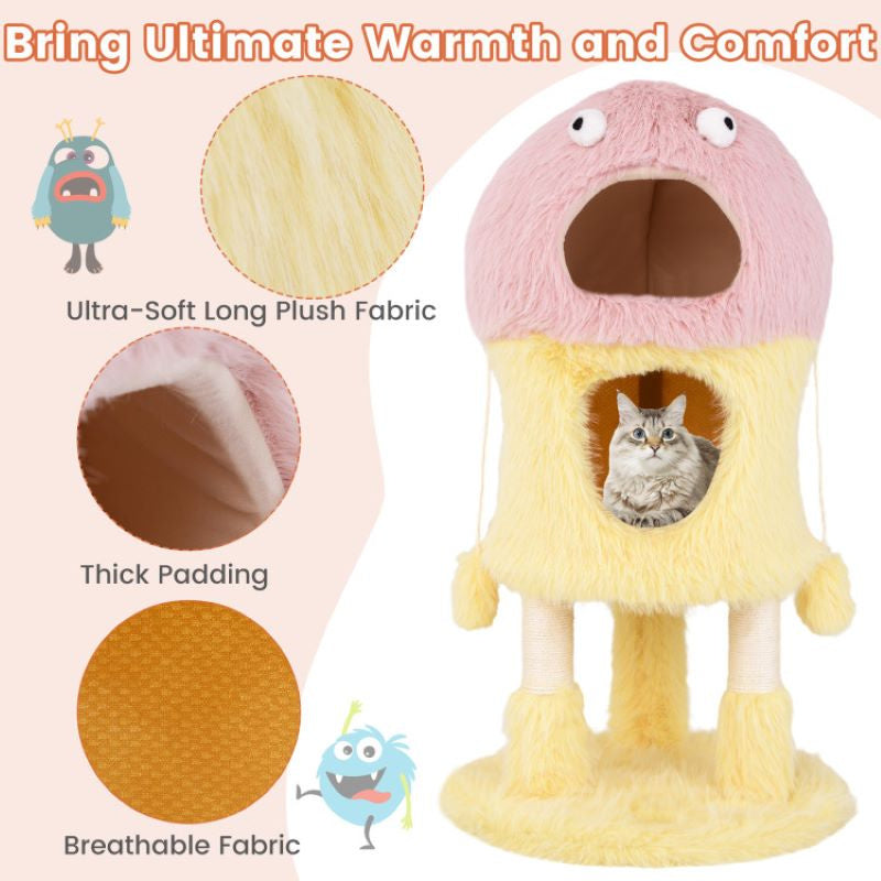 Cartoon Shape Themed Cat Tower with Soft Long Plush Decor