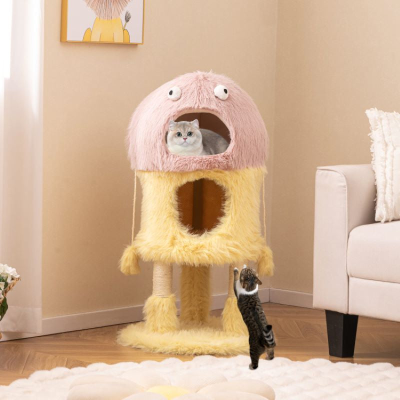 Cartoon Shape Themed Cat Tower with Soft Long Plush Decor