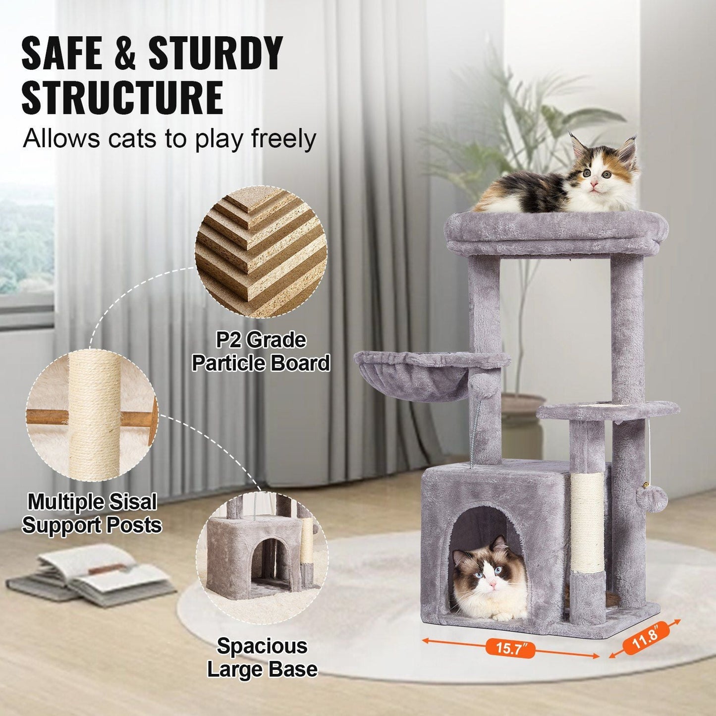 VEVOR Cat Tree 31.4" Cat Tower with Cat Condo Sisal Scratching Post Light Grey