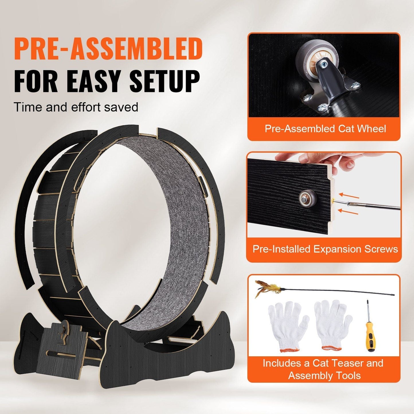 VEVOR Cat Exercise Wheel, Large Cat Treadmill Wheel for Indoor Cats, 43.3 inch Cat Running Wheel with Detachable Carpet and Cat Teaser for Running/Walking/Training, Suitable for Most Cats