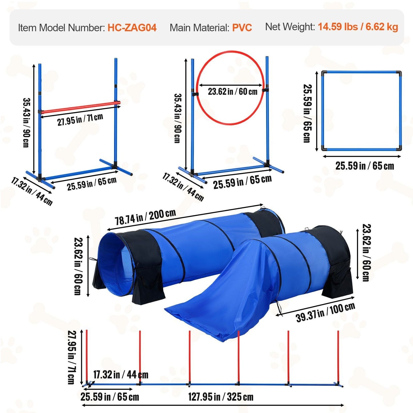 VEVOR Dog Agility Training Equipment 7 PCS Set w/ Hurdles 2 Tunnels Jump Ring